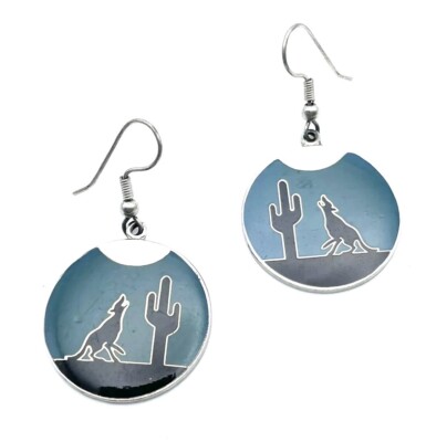 Coyote Howling Moon Cactus Earrings Green Hook Pierced Southwestern Silver Tone