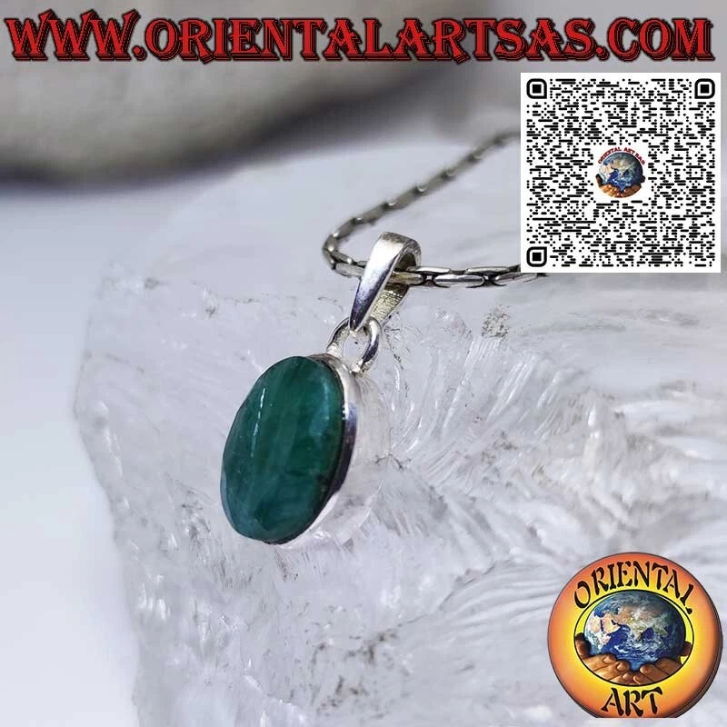 Ciondolo in argento 925‰ con smeraldo naturale ovale contornato liscio alto - Immagine 4 di 4