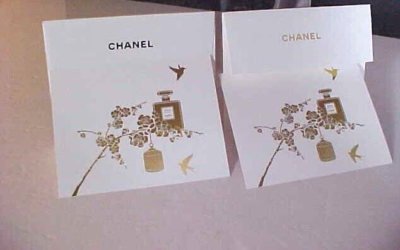 Lot (2) Authentic Chanel Gold Foil White Note Thank You Postcards