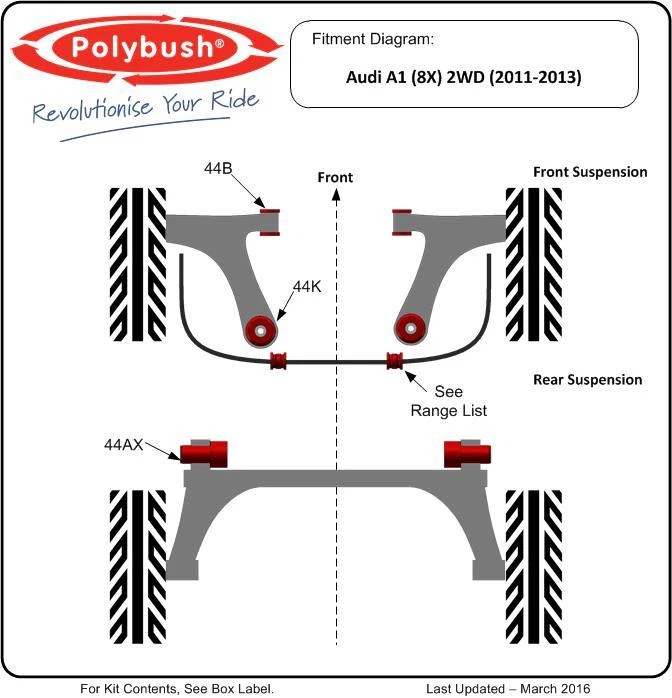 Juego de arbustos de vehículo Polybush para Audi A1 8X, 2011-2013: Kit183 - Imagen 2 de 2