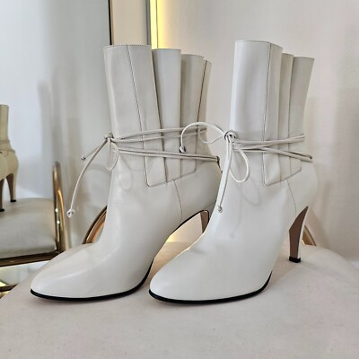 GUCCI Indya GG Pleated Accent Ankle Booties EU 40 US 9.5 White Leather Heel Boot