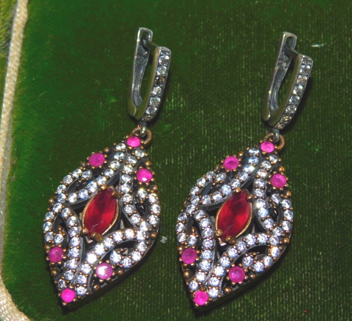 Vintage Red Ruby & CZ Rose Gold & Sterling Silver dangle Earrings