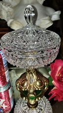 Vintage RETRO ORNATE Gold Plated Base Diamond Point Glass COVERED Compote Dish! 