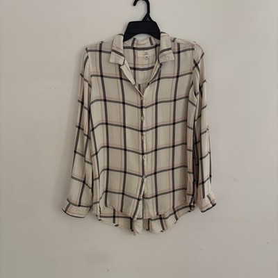 Thread & Supply Plaid Button Front Blouse Womens Small Cream Pink Rayon