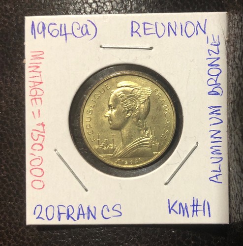 Moneda de bronce de aluminio de 20 francos Reunión 1964(a) sin circular-KM11-DE COLECCIÓN=750.000 - Imagen 3 de 4