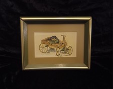 Vtg Print of a Drawing of Wooden "Express" Horse Cart Small Green Gold Frame