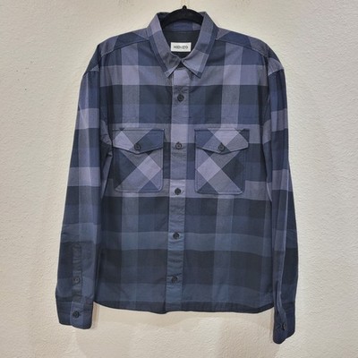 Men's Kenzo M Gradient Check Long Sleeve Button Front Shirt Blue Cotton Flannel