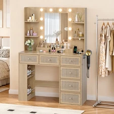 7 Drawers Vanity Dressing Table 10 LED Light Mirror USB Power Ports Xmas Gift