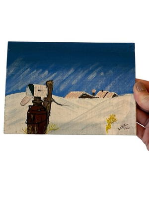 #ad Signed Oil Painting Christmas Snow Mailbox Vintage Unframed 7quot; x 5quot; Original $28.00