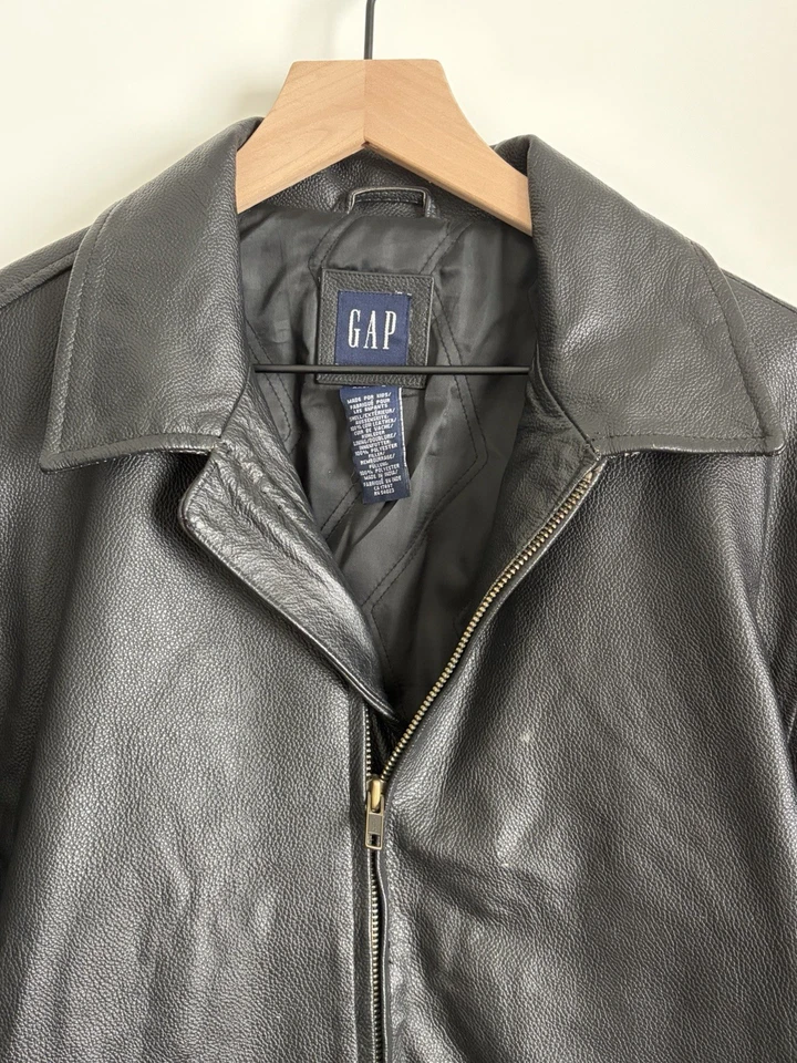 GAP Kids Cowhide Black Leather Full Zip Jacket Y2k Vintage Lined Pockets Sz XXL - Image 2 of 4