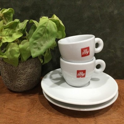 2 ILLY Espresso/Demitasse Cups & 2 Saucers, Red Logo, 2oz, Vintage