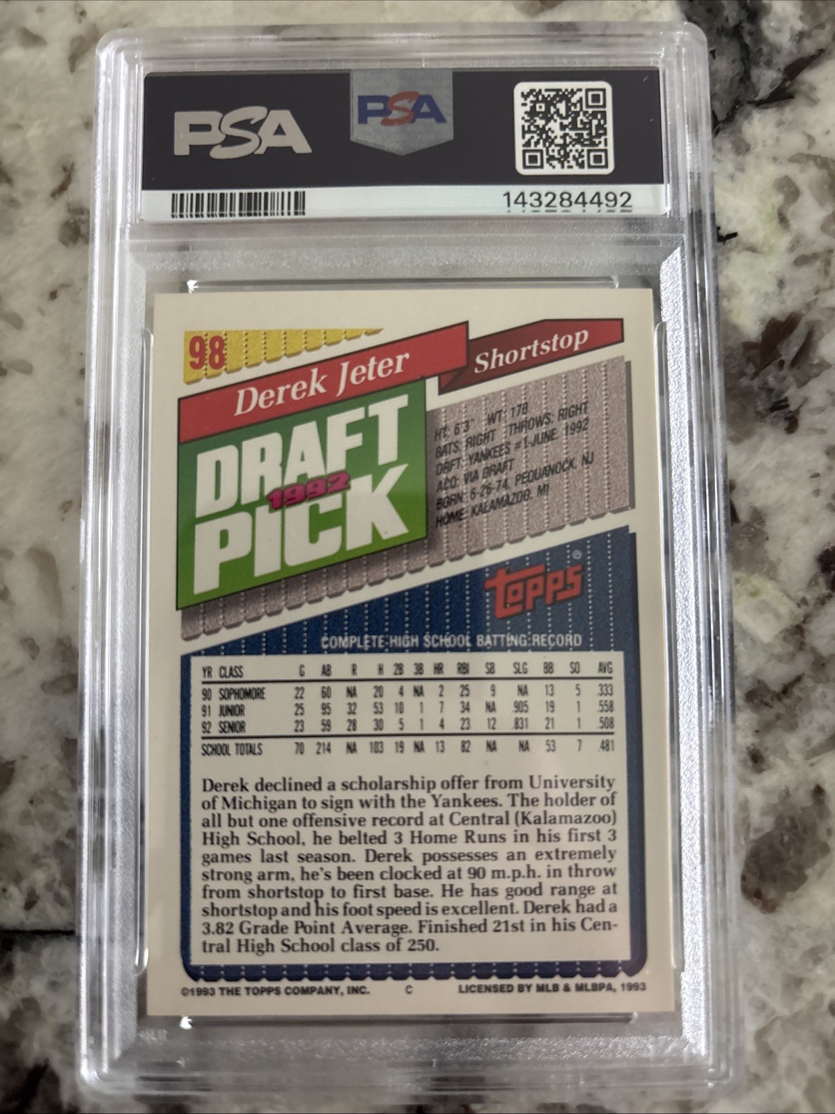 1993 Topps - Derek Jeter #98 (RC) PSA 8 view 4
