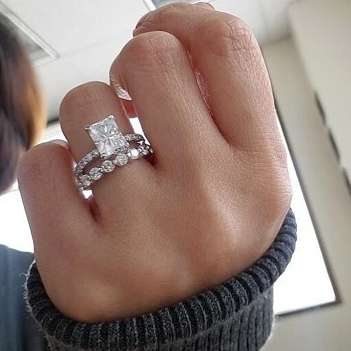 2.50Ct White Emerald Cut CZ Engagement Anniversary Ring Set In 925