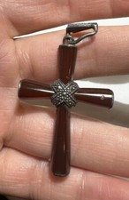 Pendente A Croce In Argento Sterling Vintage Con Marcasite E Carneola PC 16