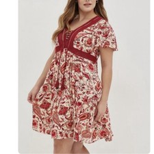 Torrid Red Paisley Crinkle Gauze Lace Up Tassels  Pockets Short Sleeve Dress 3X