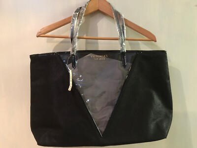NWT $59.50 Victoria's Secret Black Clear V Tote Bag w/ animal print clutch bag