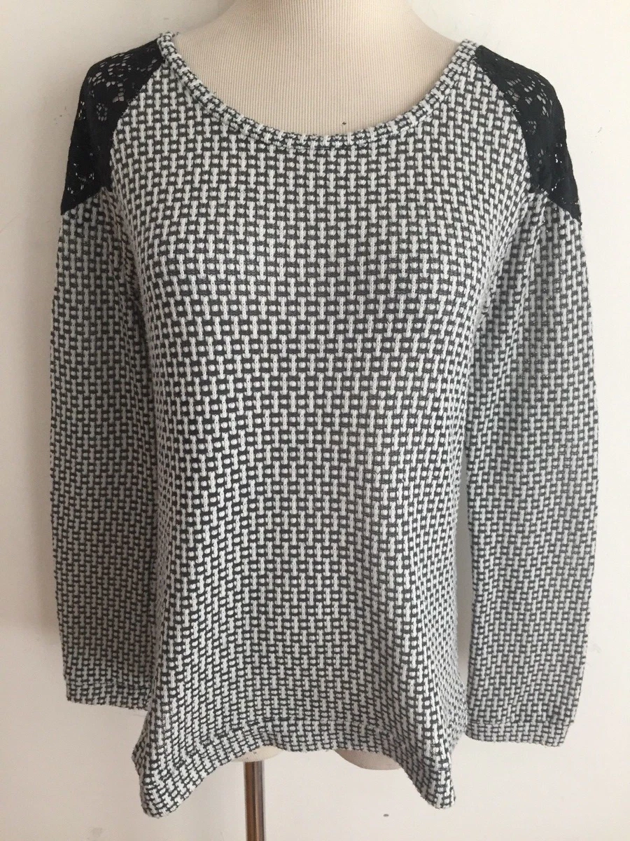 Lulmarie Lace-Back Knit Top Black & White (Gray) Basket Weave Knit Size M