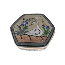 Vtg Tonala Hexagon Trinket Dish Lid Hand Painted Folk Art Swan Floral 5.5 x 2"