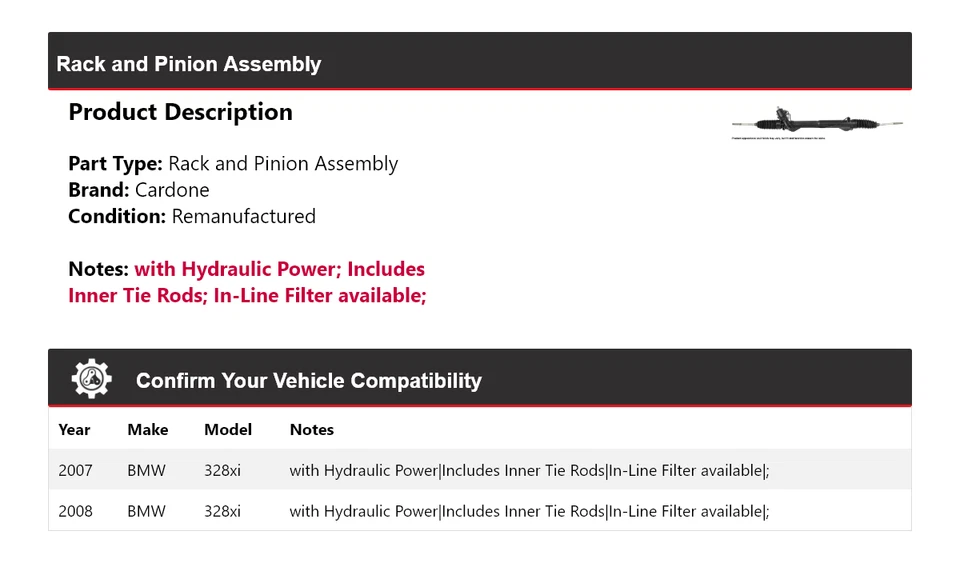 Conjunto de piñón y cremallera Cardone para BMW 328xi 2007-2008 Foto 2 de 4