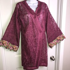 Elan Kimono Duster Jacket Sz S/m Raspberry Embroidered Organza Beaded Gorgeous!