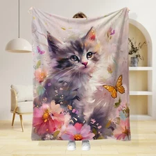 Cat &  Floral Microplush Fleece Blanket Lightweight Ultra Soft Throw 30x40 50x60