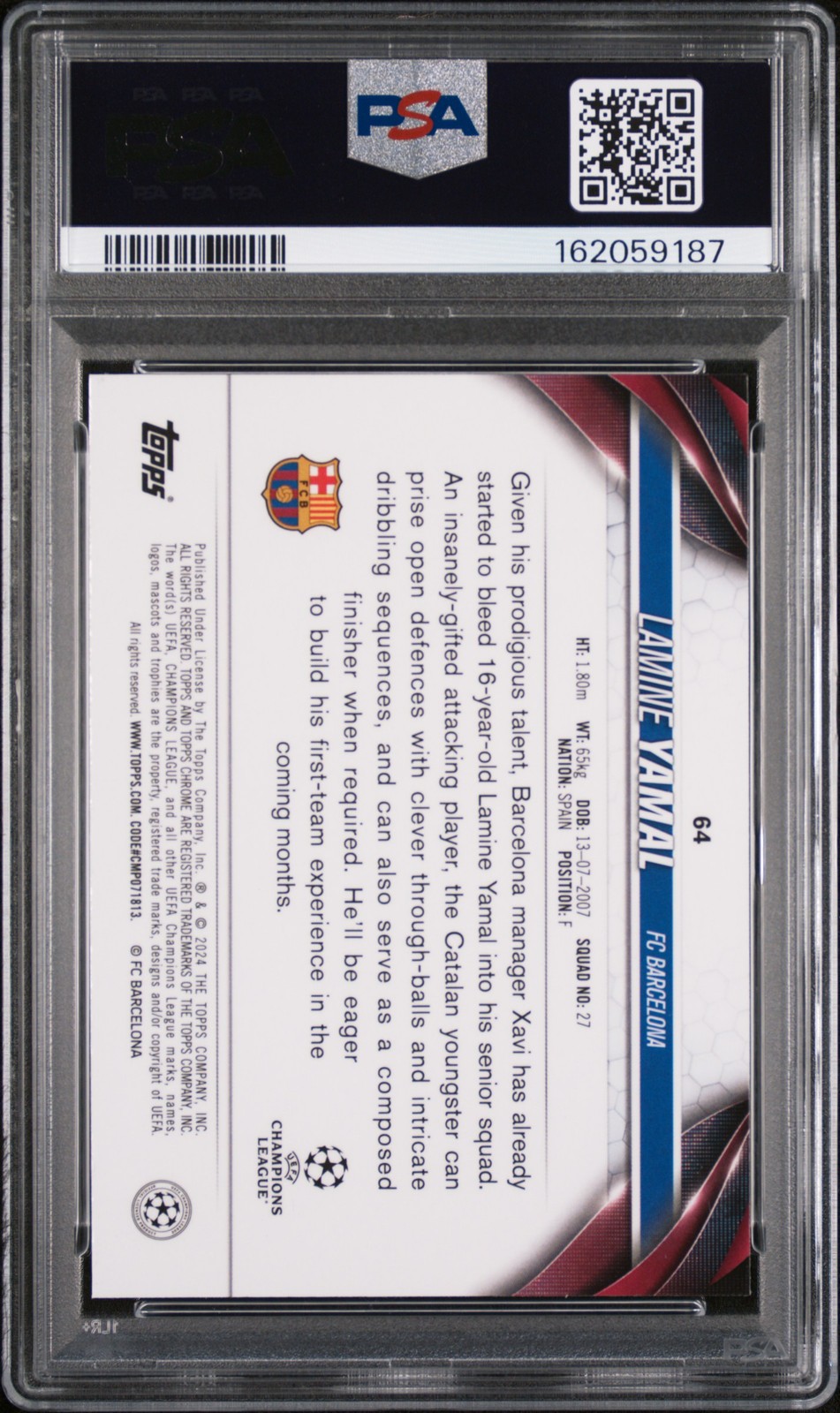 2023-24 TOPPS CHROME UEFA CLUB COMPETITIONS #64 LAMINE YAMAL ROOKIE RC PSA 10 view 2
