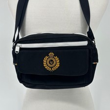 Liz Claiborne Black Canvas Crossbody Bag Gold Emblem Adjustable Strap