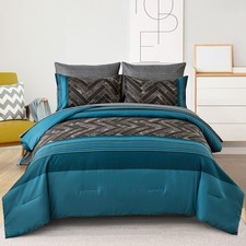 Teal Blue Comforter Set Queen Size, 7 Pieces Blue and Black Stripe Bed in a B...