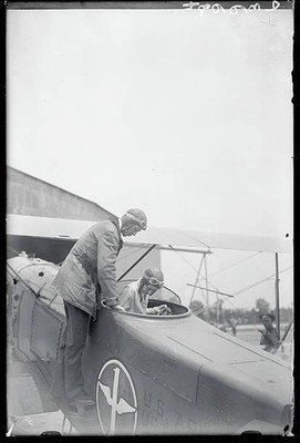 Lindy and Anne in cockpits of plane ready to take off Old Photo
