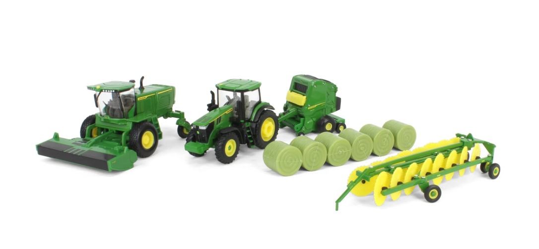 ERTL, Set per fienagione JOHN DEERE - ranghinatore W235R - trattore 7R 250 pr...