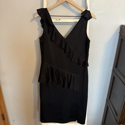 St. John Black Luster Knit Ruffle Cocktail Sheath Dress Size 8 Women Designer