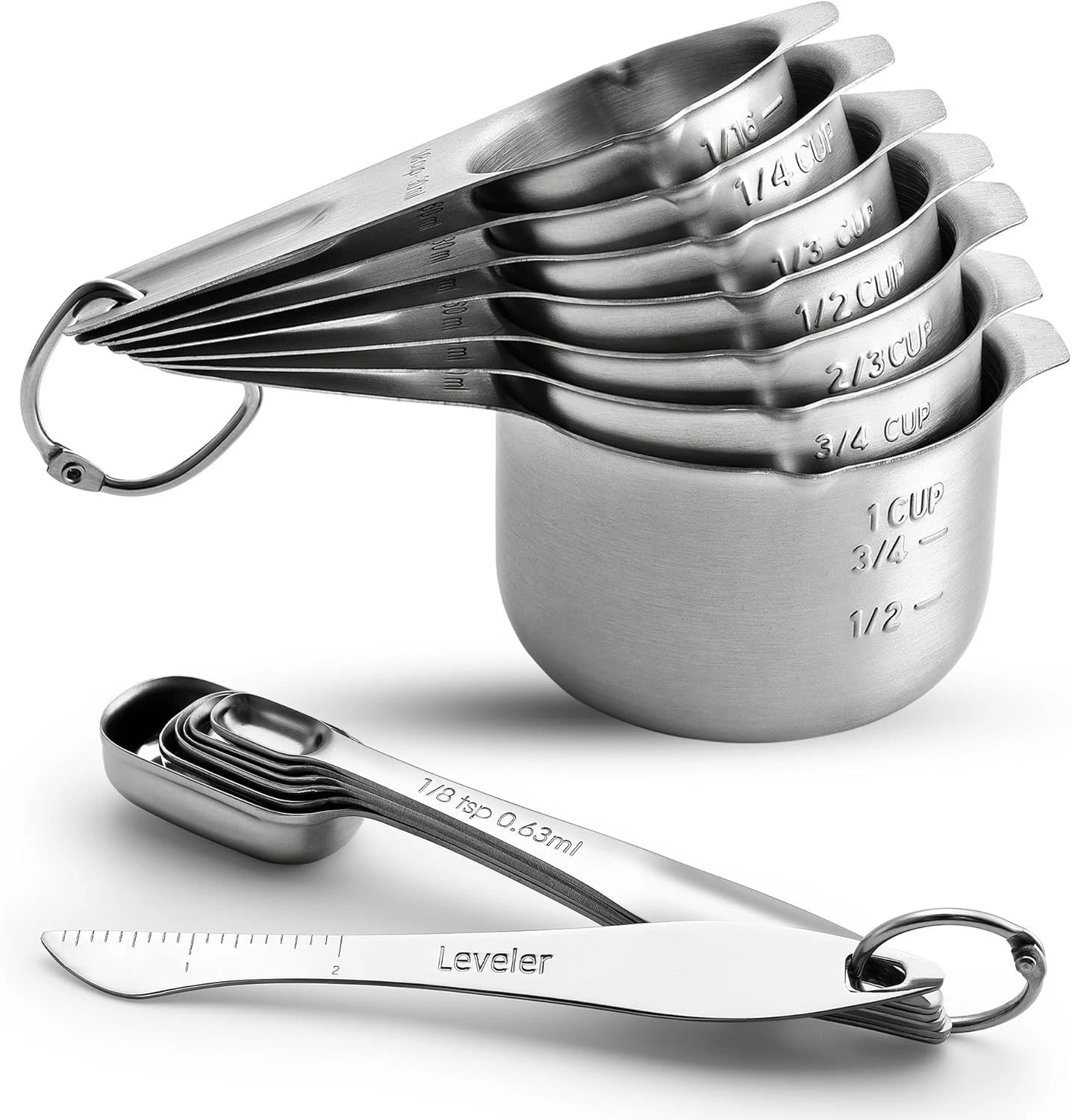 Stainless Steel Measuring Cups & Spoons Set of 14 W/ Leveler Nesting Kitchen