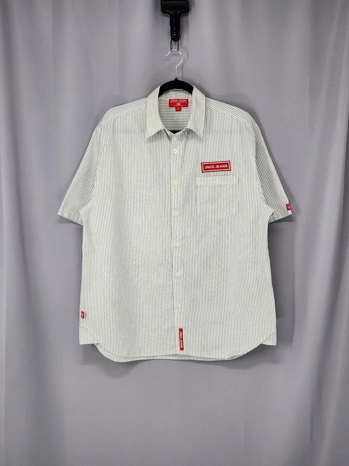 Camisa de mezclilla JNCO de colección para hombre grande blanca a rayas manga corta botón delantero Foto 2 de 4