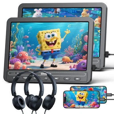 GONAVIDIO 2x10.5" Dual Car Headrest Monitor Portable DVD Player Battery HDMI USB+Headsets
