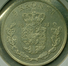 WORLD COIN SALE-1971 DENMARK  5 KRONER--COPPER NICKEL COMPOSITION COIN-KM# 853