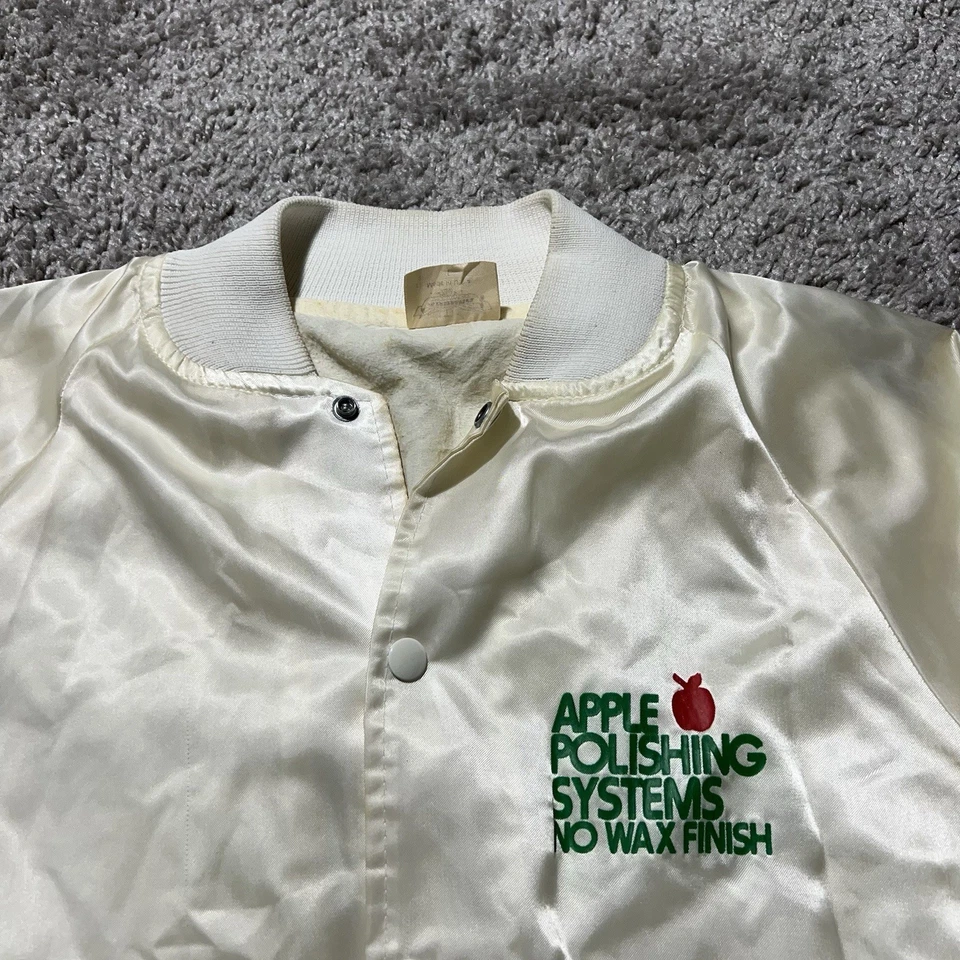 Vintage 1980s White Satin Snap Jacket Apple Polishing Retro Large Made USA - Image 4 of 4