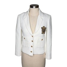 ZARA White Textured Blazer White Tweed Crest Patch Gold Women's Size XS Career