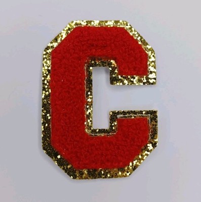 Iron On Patch Letter C Red & Gold Glitter 3'' x 2'' New