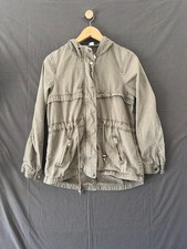 H M Divided Women s Hooded Utility Jacket Khaki Zip Snap Pockets Size 6