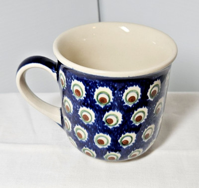 Polish Pottery Mug Wiza-Poland Hand Made 28 Blue Green Brown Peacock Design 
