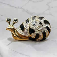 SWAROVSKI Snail Brooch Pin 1.5” Black Enamel Gold Tone Clear Crystal Statement