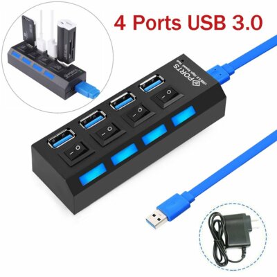 4 Ports Powered USB 3.0 HUB Adapter Splitter Box 5Gbps Super External AC Power