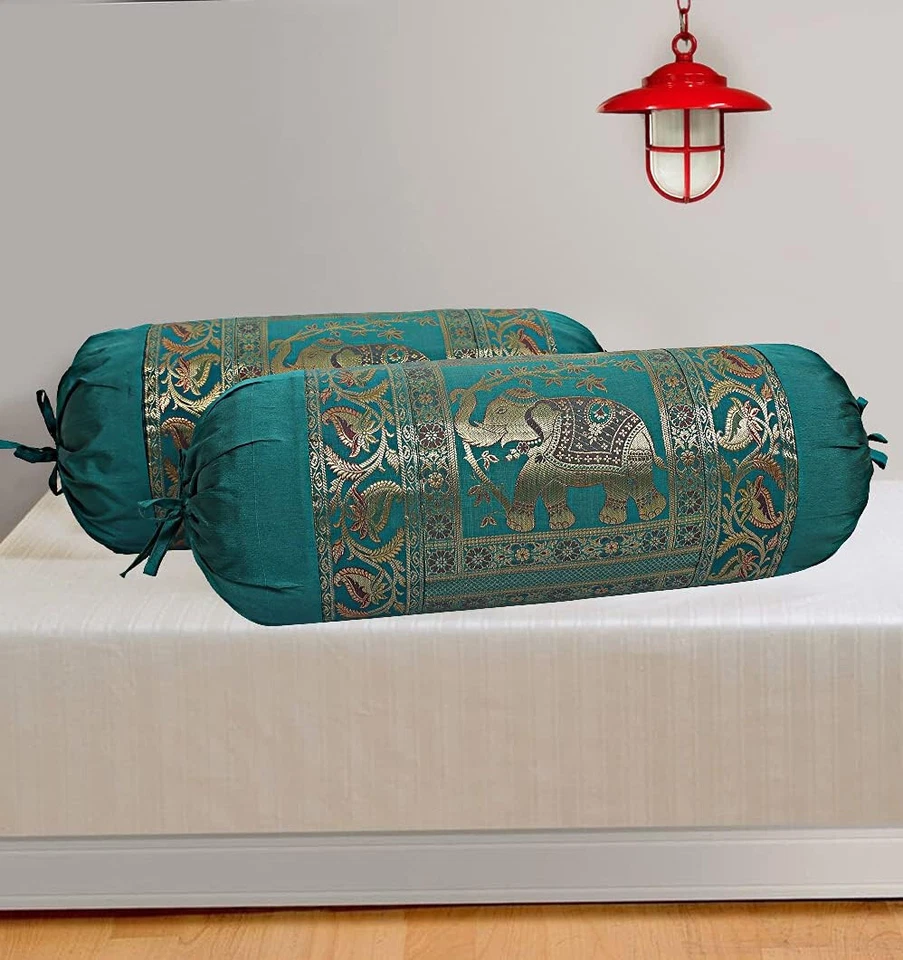 Indian Long Round Pillow Yoga Bolster Massage Green Cylinder Silk Cushion Cover - image 2 of 4