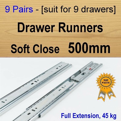 9 Pairs Soft Close Cabinet Cupboard Kitchen Vanity Drawer Runners
