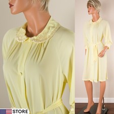    SEARS 60s Yellow Robe Gown Lounge Nylon Belted Button Embroidery Pocket 34