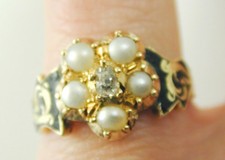 Victorian 18ct Gelbgold Trauerring mit Diamant & Perle