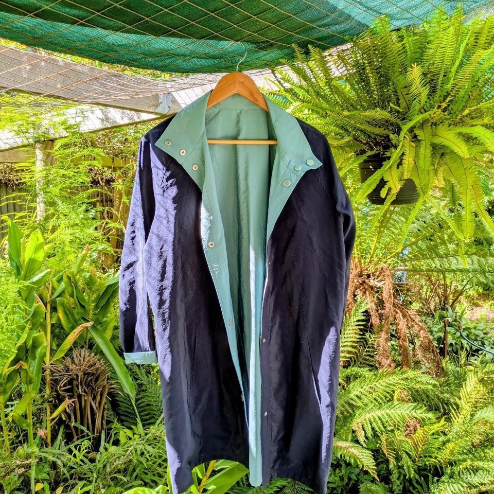 Blue and green reversible trench coat