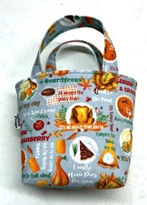 Handmade Fabric Lined Mini Tote Bag/Gift Bag Thanksgiving Day Dinner Gray New