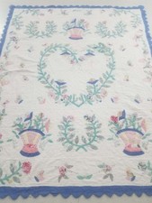 Vintage Feed Sack Beautiful Hand Applique Floral And Butterfly Quilt 77x61 inch