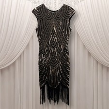 Flapper Dress Medium Black Gold Sequins Fringe Party Cocktail Stretch